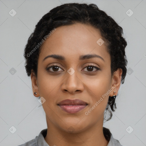 Joyful latino young-adult female with short  black hair and brown eyes