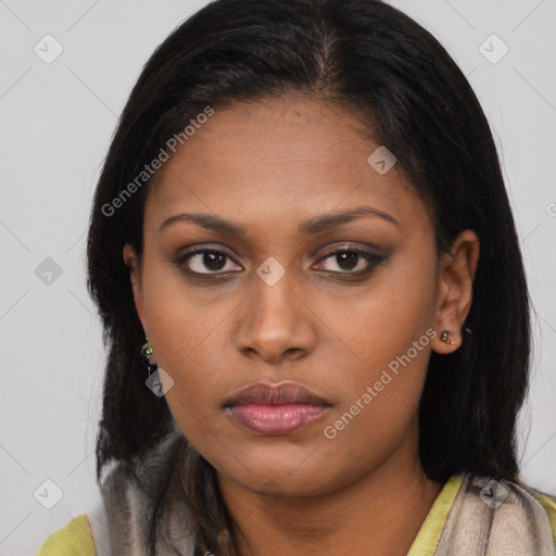 Neutral asian young-adult female with long  brown hair and brown eyes