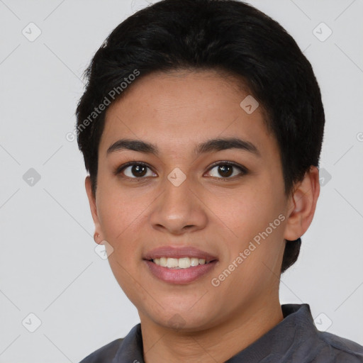 Joyful asian young-adult female with short  black hair and brown eyes