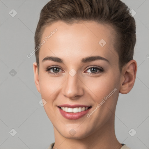 Joyful white young-adult female with short  brown hair and brown eyes