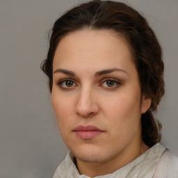 Neutral white young-adult female with short  brown hair and brown eyes