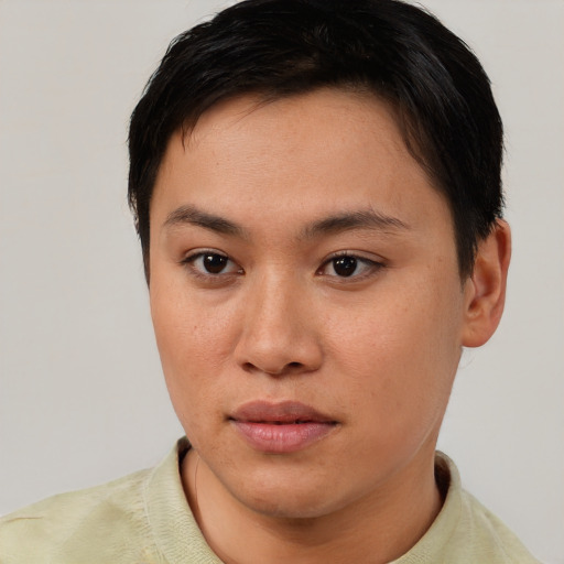 Neutral asian young-adult female with short  brown hair and brown eyes