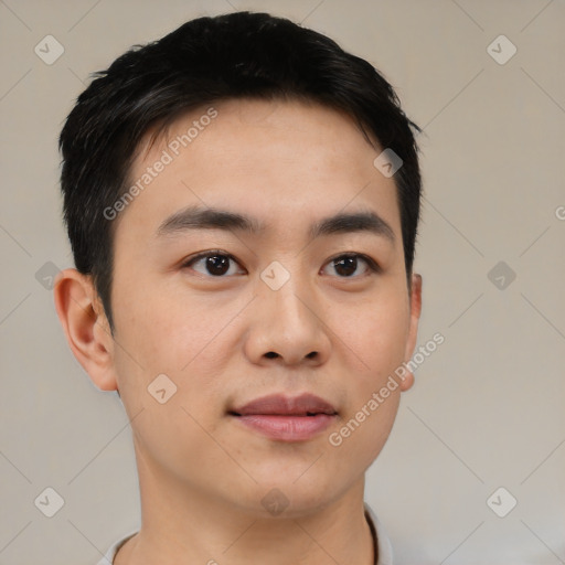 Neutral white young-adult male with short  black hair and brown eyes