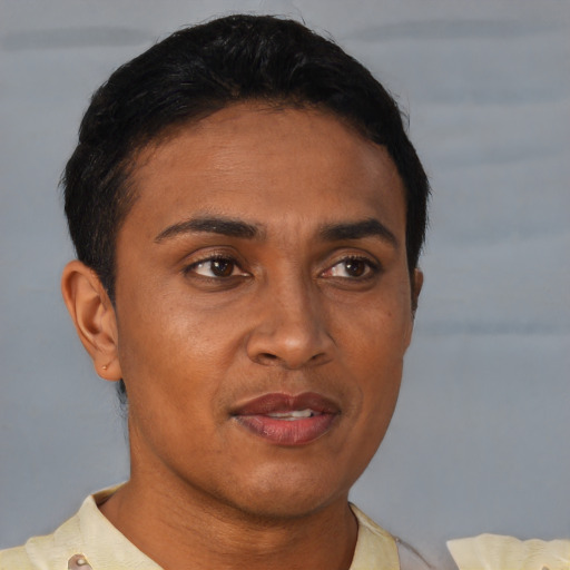 Joyful latino young-adult male with short  brown hair and brown eyes