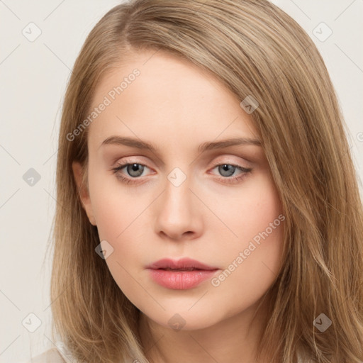 Neutral white young-adult female with long  brown hair and grey eyes