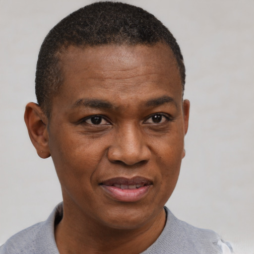 Joyful black adult male with short  brown hair and brown eyes