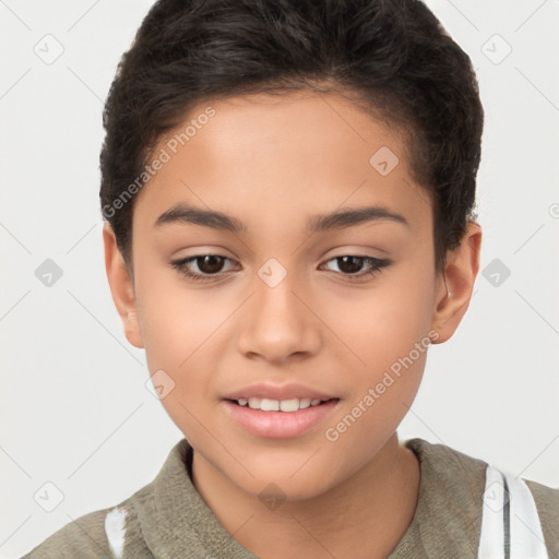 Joyful white child female with short  brown hair and brown eyes