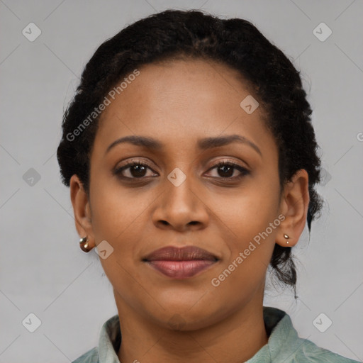 Joyful latino young-adult female with short  black hair and brown eyes