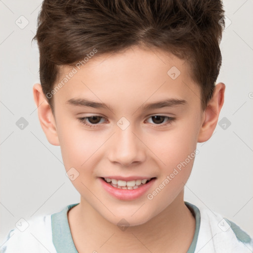 Joyful white child male with short  brown hair and brown eyes