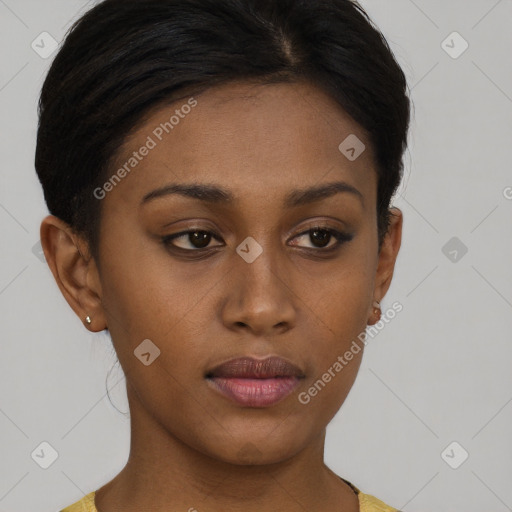 Neutral black young-adult female with short  brown hair and brown eyes