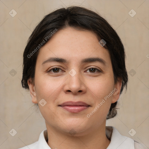 Joyful white young-adult female with medium  brown hair and brown eyes