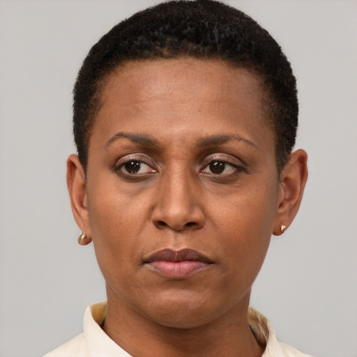 Neutral latino adult female with short  brown hair and brown eyes