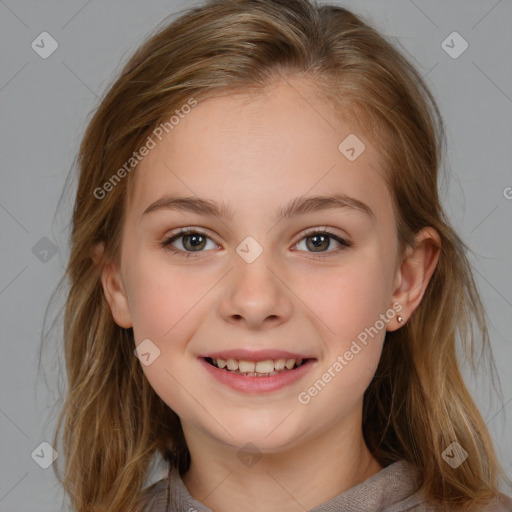 Joyful white child female with medium  brown hair and brown eyes