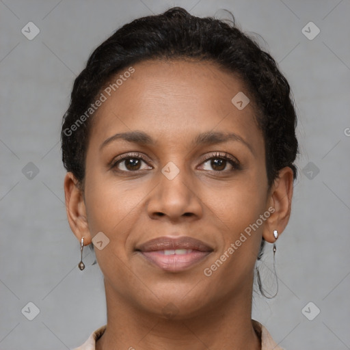 Joyful latino young-adult female with short  brown hair and brown eyes
