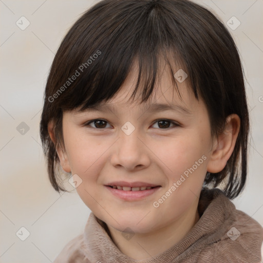 Joyful white child female with medium  brown hair and brown eyes