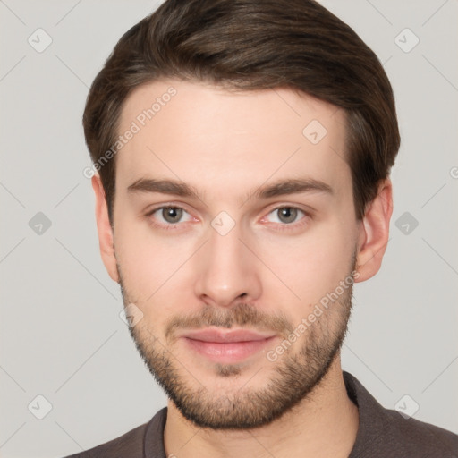 Neutral white young-adult male with short  brown hair and brown eyes