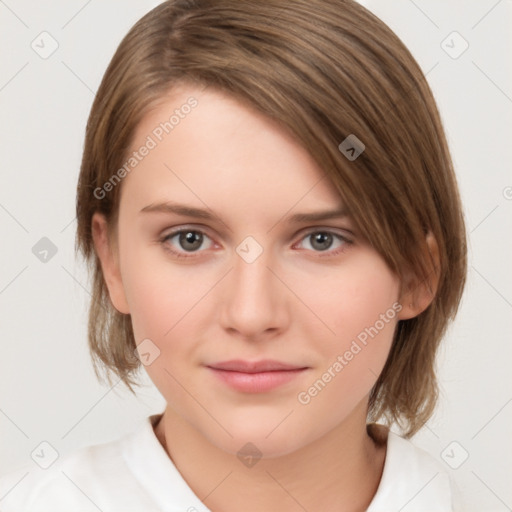 Neutral white young-adult female with medium  brown hair and brown eyes