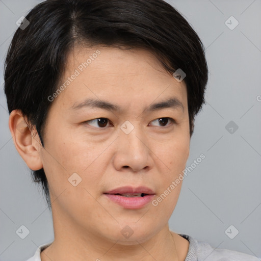 Joyful asian young-adult female with short  brown hair and brown eyes
