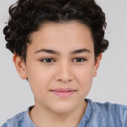 Joyful white child female with short  brown hair and brown eyes