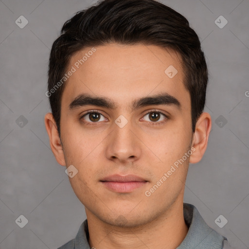 Neutral white young-adult male with short  brown hair and brown eyes