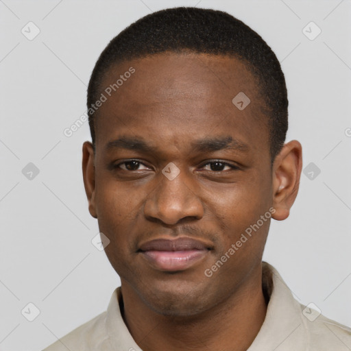 Joyful latino young-adult male with short  brown hair and brown eyes