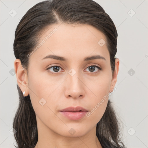 Neutral white young-adult female with medium  brown hair and brown eyes