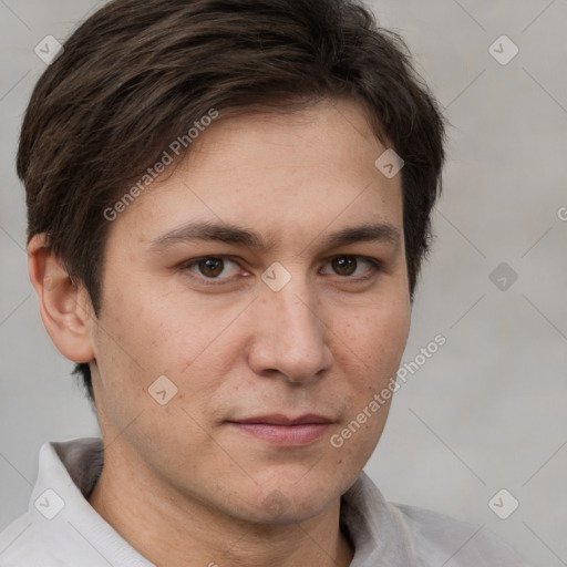 Neutral white young-adult male with short  brown hair and brown eyes