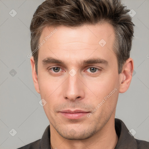 Neutral white young-adult male with short  brown hair and brown eyes