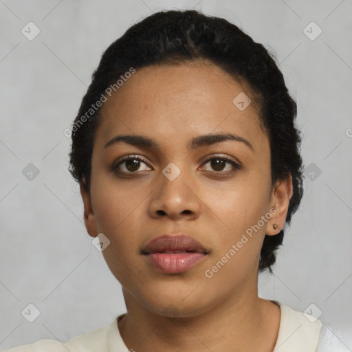 Neutral latino young-adult female with short  black hair and brown eyes