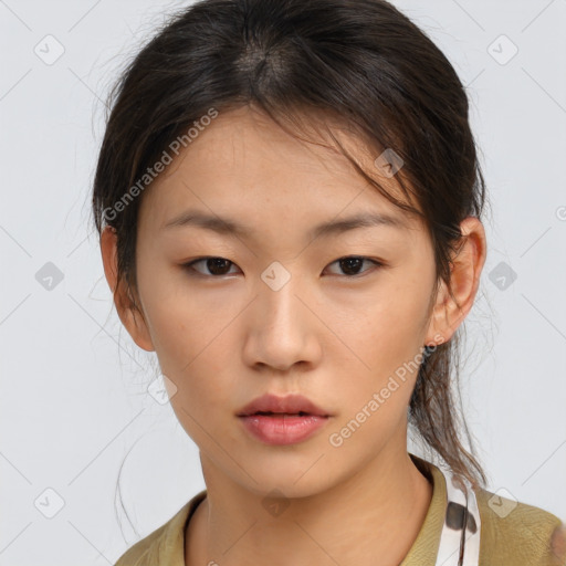 Neutral asian young-adult female with medium  brown hair and brown eyes