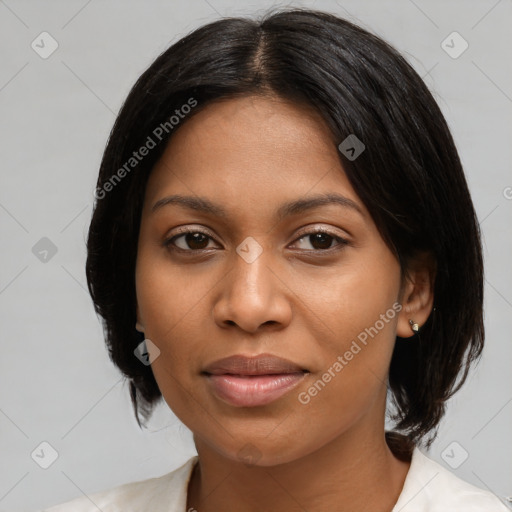 Joyful black young-adult female with medium  black hair and brown eyes