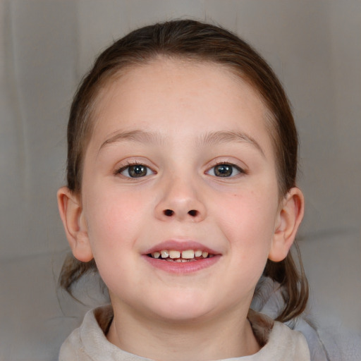 Joyful white child female with medium  brown hair and blue eyes