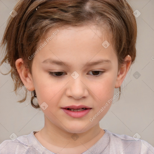 Joyful white child female with medium  brown hair and brown eyes