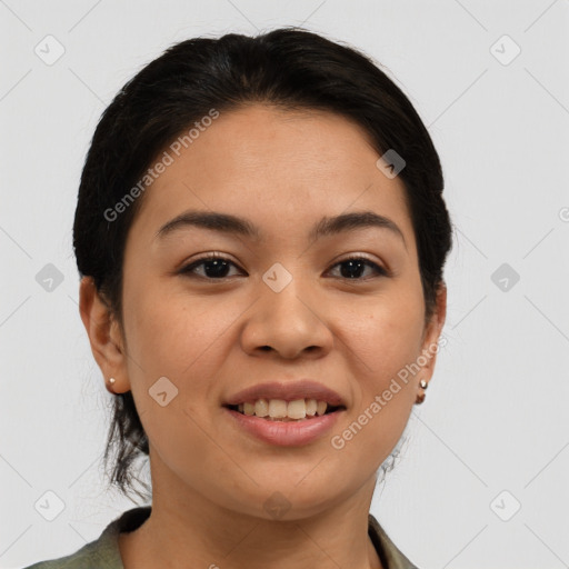 Joyful latino young-adult female with medium  brown hair and brown eyes