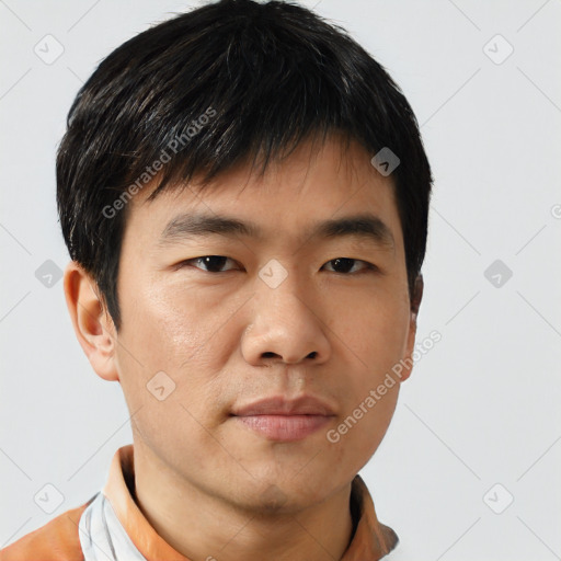 Neutral asian young-adult male with short  black hair and brown eyes