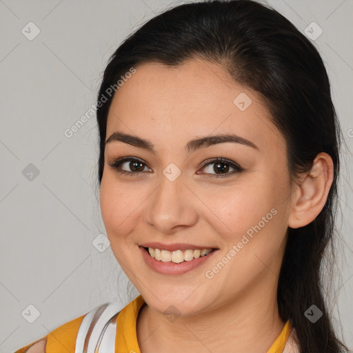 Joyful white young-adult female with medium  brown hair and brown eyes