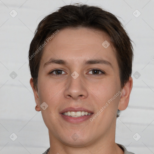 Joyful white young-adult female with short  brown hair and brown eyes