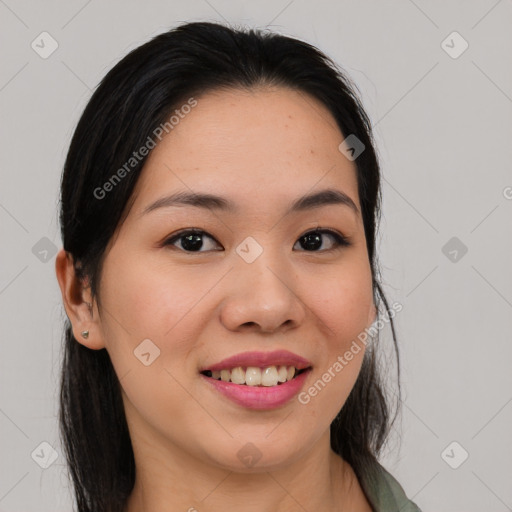 Joyful asian young-adult female with medium  brown hair and brown eyes