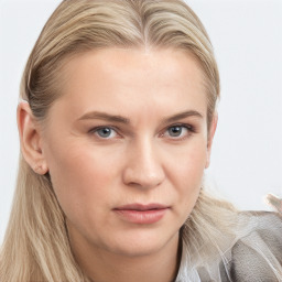 Neutral white young-adult female with long  brown hair and blue eyes