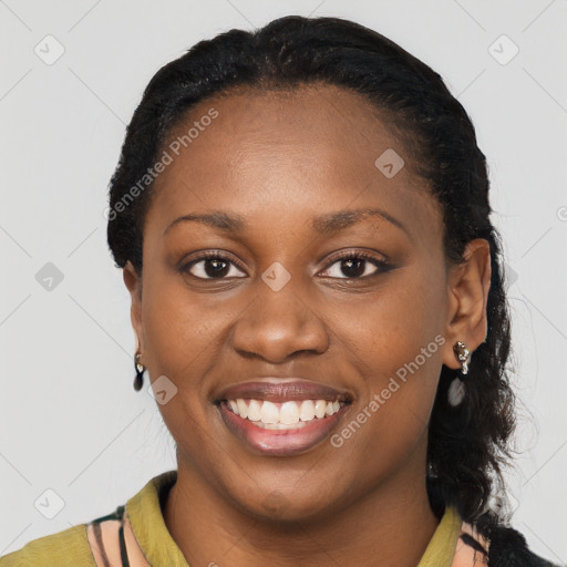 Joyful latino young-adult female with long  black hair and brown eyes