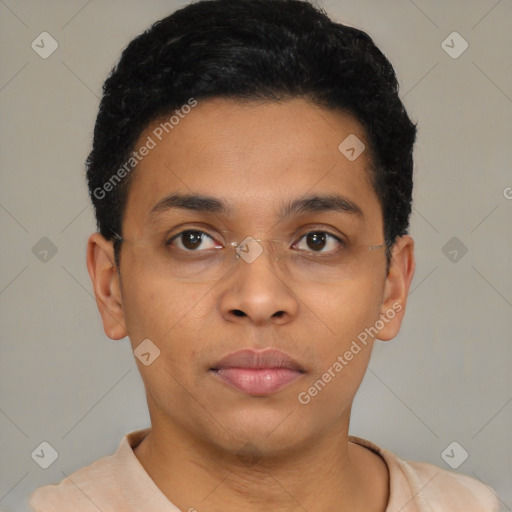 Neutral asian young-adult male with short  black hair and brown eyes