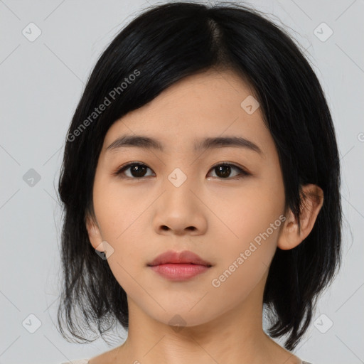 Neutral asian young-adult female with medium  black hair and brown eyes