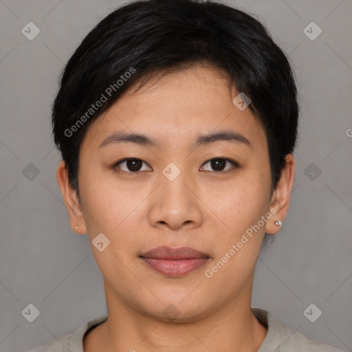 Joyful asian young-adult female with short  brown hair and brown eyes