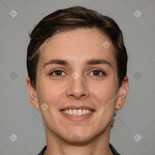 Joyful white young-adult female with short  brown hair and brown eyes