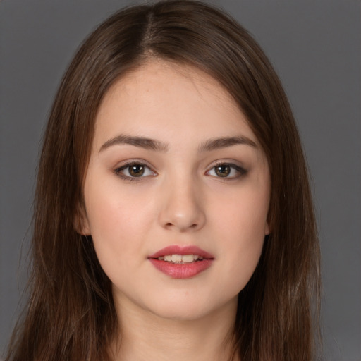 Neutral white young-adult female with long  brown hair and brown eyes