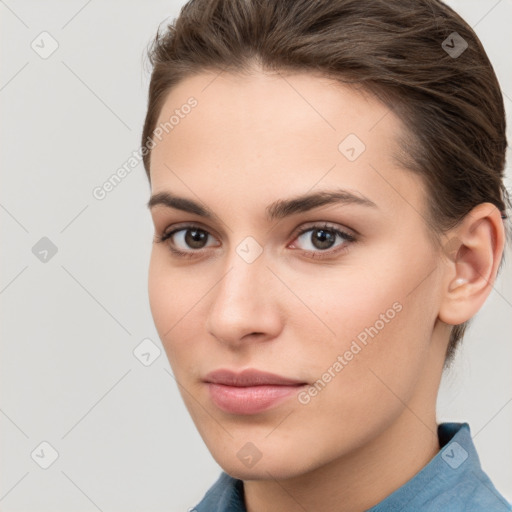 Neutral white young-adult female with medium  brown hair and brown eyes