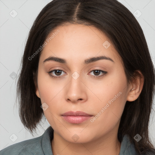 Neutral white young-adult female with long  brown hair and brown eyes