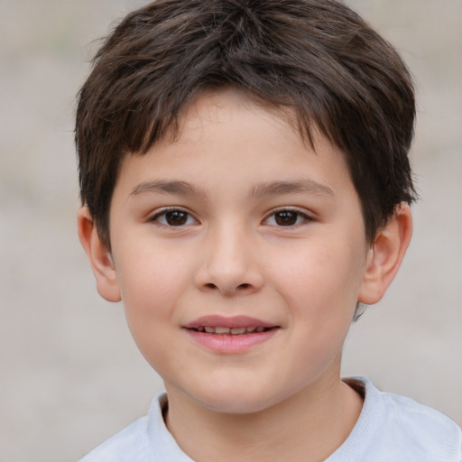 Joyful white child female with short  brown hair and brown eyes