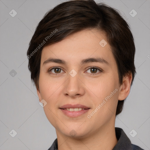 Joyful white young-adult female with short  brown hair and brown eyes