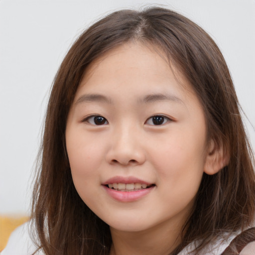 Joyful white child female with medium  brown hair and brown eyes